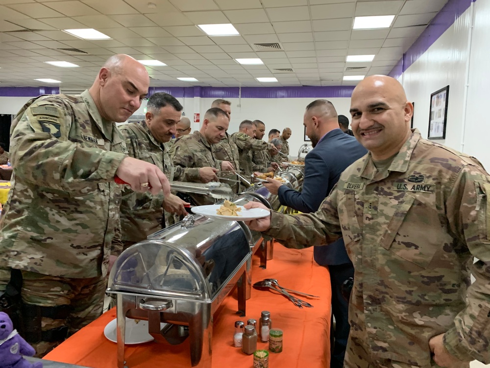 Deployed Illinois Army National Guard Soldiers celebrate Thanksgiving at Camp Taji, Iraq