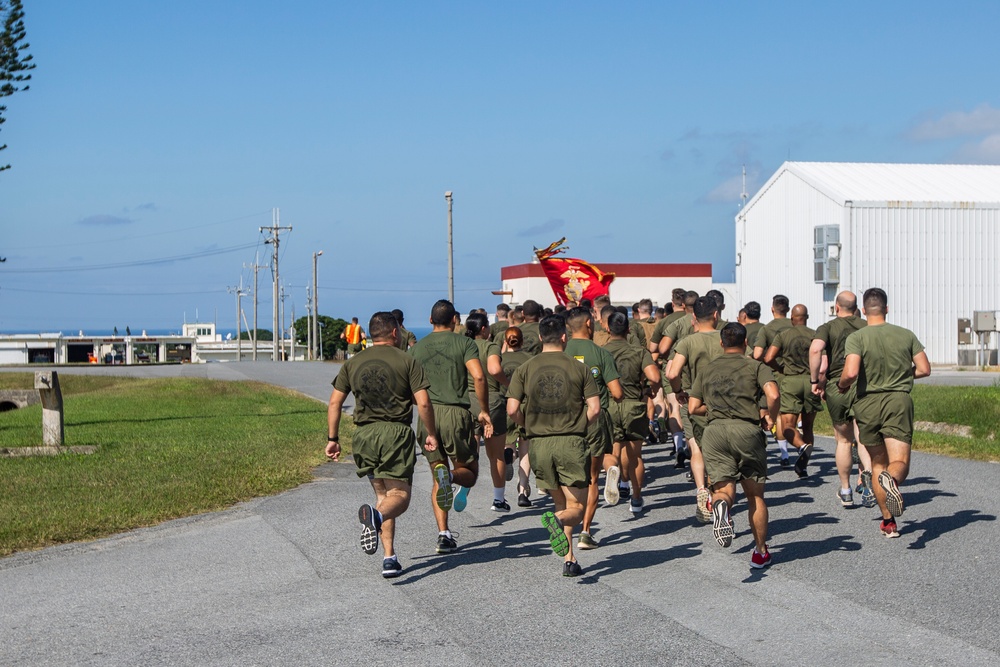 MTACS-18 Marines run to celebrate the 244th Marine Corps birthday