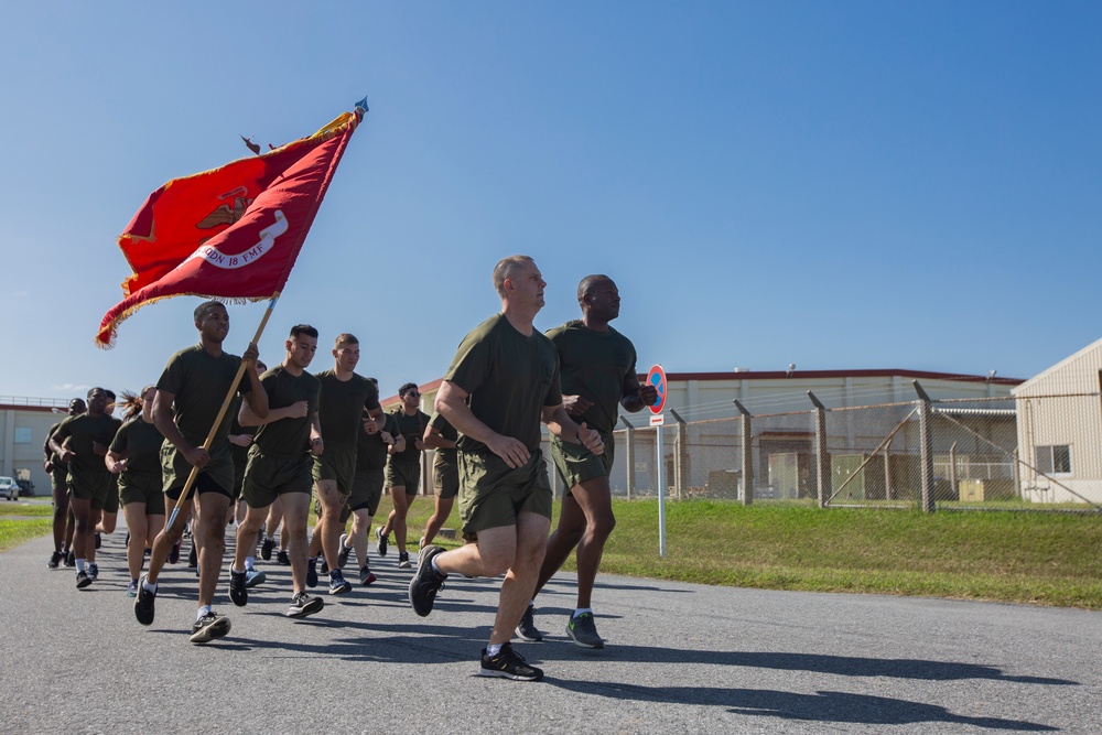 MTACS-18 Marines run to celebrate the 244th Marine Corps birthday