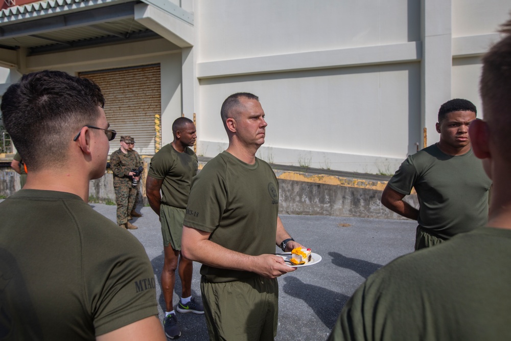 MTACS-18 Marines run to celebrate the 244th Marine Corps birthday