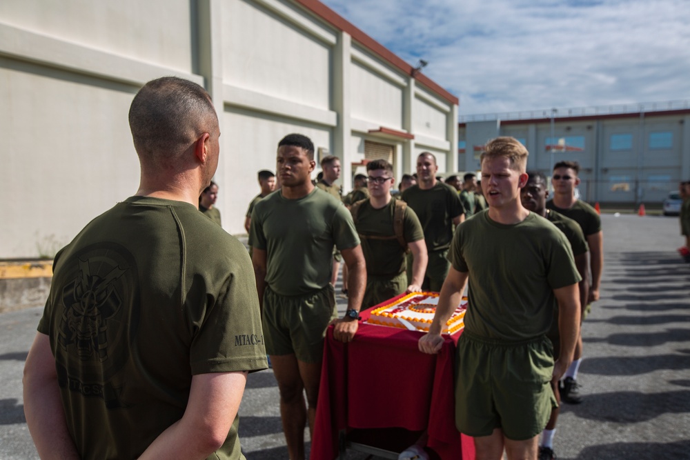 MTACS-18 Marines run to celebrate the 244th Marine Corps birthday