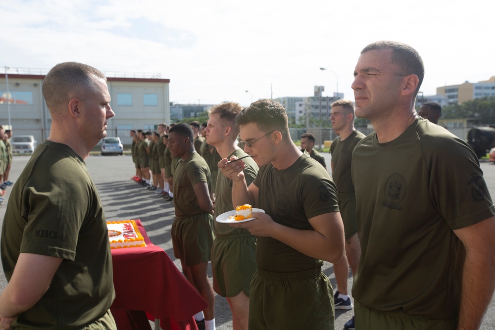 MTACS-18 Marines run to celebrate the 244th Marine Corps birthday