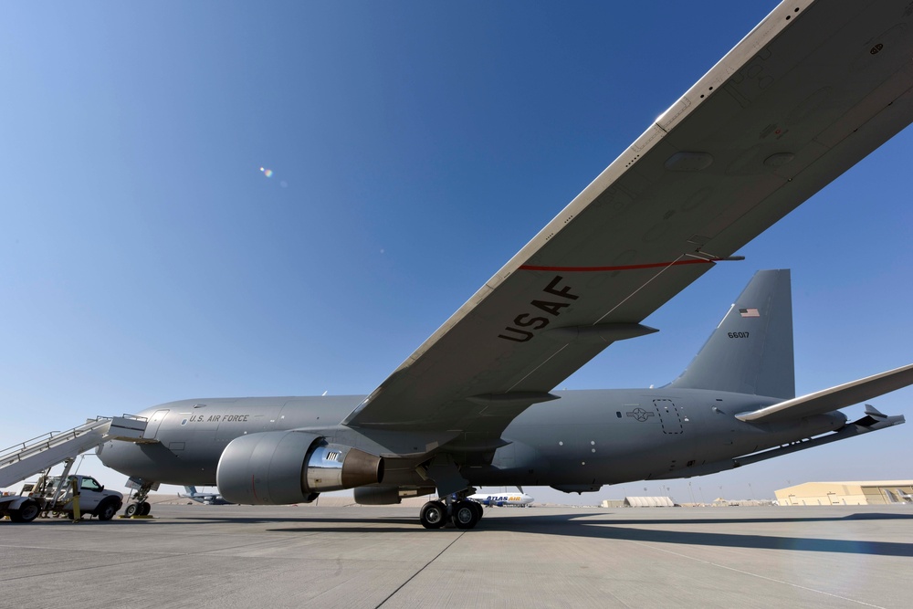 KC-46 lands at Al Udeid Air Base
