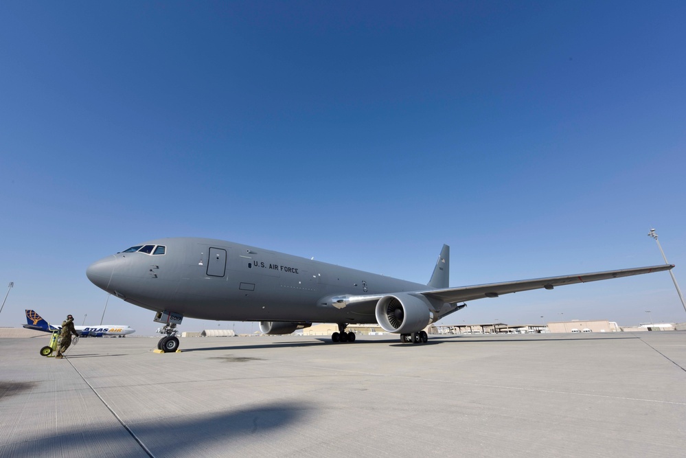KC-46 lands at Al Udeid Air Base