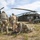 Military personnel are conducting a medical evacuation (MEDEVAC) exercise in an open field. Soldiers in combat uniforms are attending to a simulated casualty on a litter/stretcher near a UH-60 Black Hawk helicopter marked with red cross medical insignia. The scene appears to be a training exercise based on the organized, controlled nature of the activity.