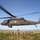 A United States Army UH-60 Black Hawk helicopter hovers low over a group of soldiers crouching in an open field during what appears to be a military training exercise. The soldiers are in full combat gear and appear to be preparing for or completing an air assault insertion. The setting is an arid, scrubland terrain under clear blue skies.