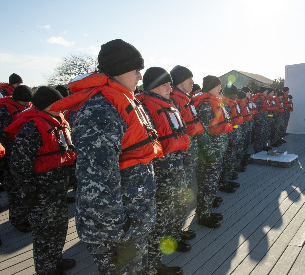 CAPE MAY, N.J. - Recruits from Charlie company prepare for their Seamanship final in the Webber building at Training Center Cape May, Dec. 3, 2019.