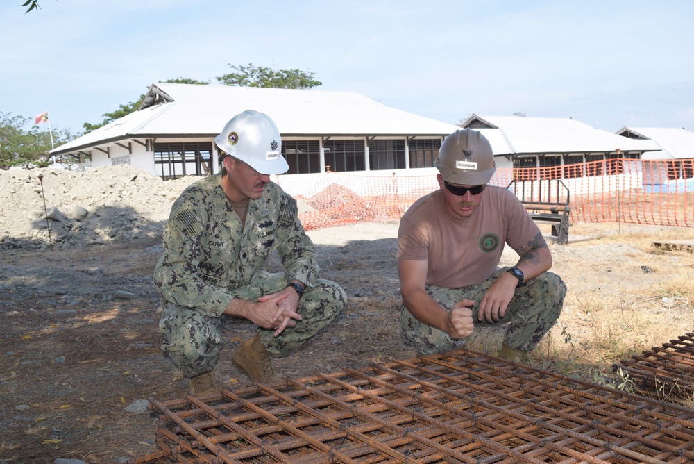 U.S. Navy Seabees deployed with NMCB-5’s Detail Timor-Leste continue construction on the Liquica three-room schoolhouse