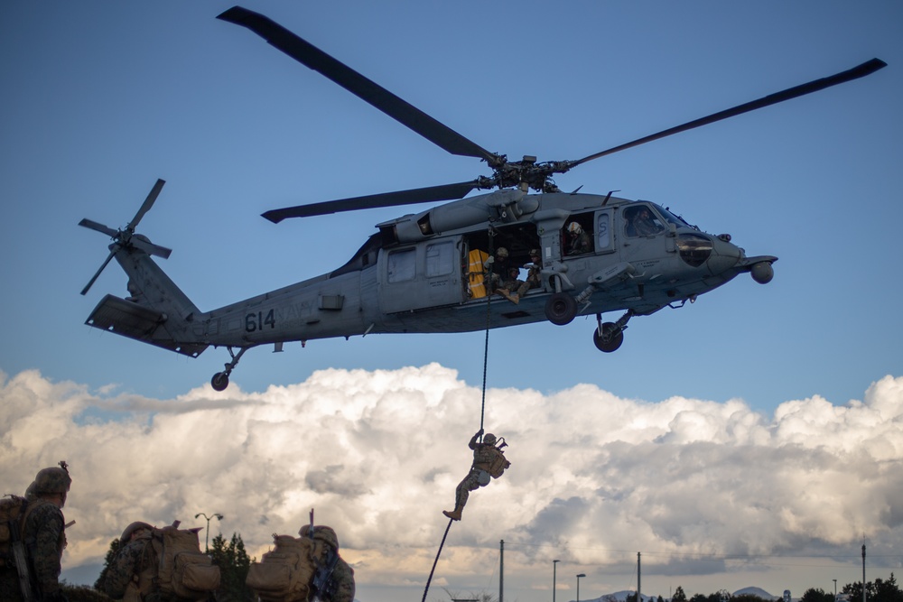 U.S. Marines conduct Helicopter Rappelling drills during exercise Fuji Viper 20-2