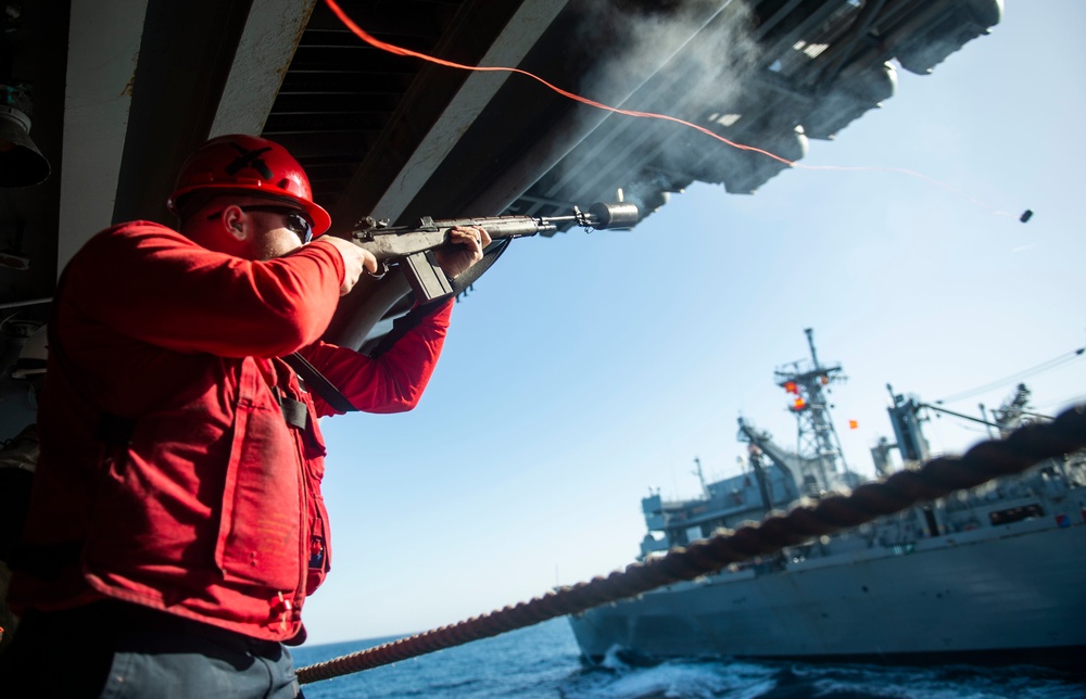USS Harry S. Truman (CVN 75) conducts a RAS in the Mediterranean Sea