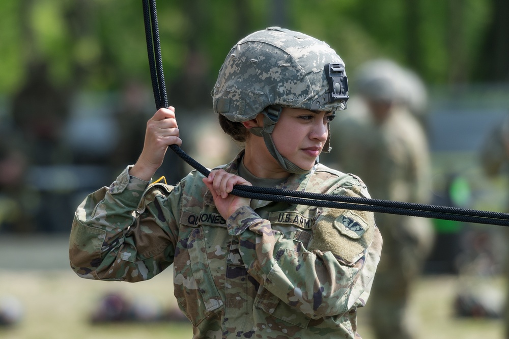 Soldiers from 1157th Transportation Company participate in team building exercises at the Rappel tower, Total Force Training Center Fort McCoy