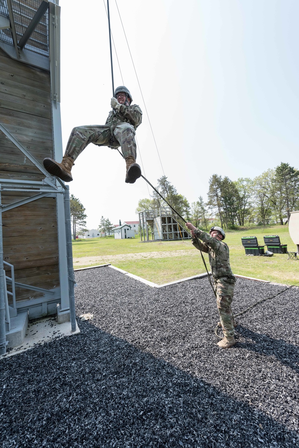 Soldiers from 1157th Transportation Company participate in team building exercises at the Rappel tower, Total Force Training Center Fort McCoy