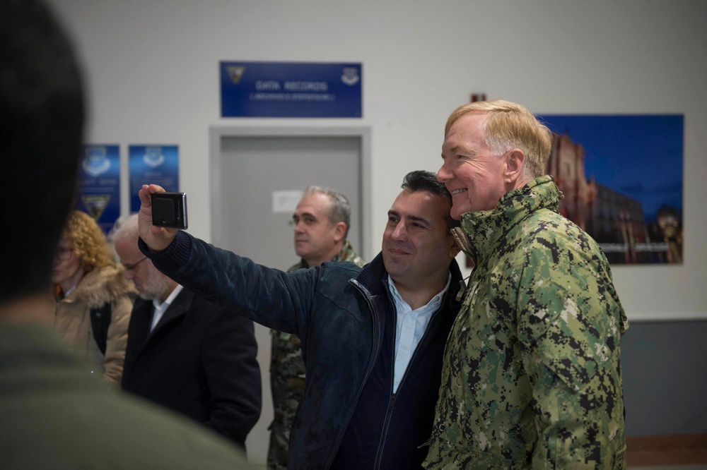 Adm. James G. Foggo III, commander, U.S. Naval Forces Europe-Africa with Prime Minister of North Macedonia onboard Naval Air Station Sigonella