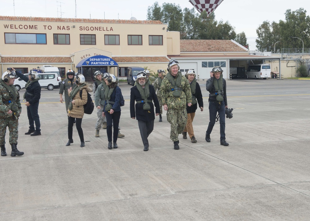 Adm. James G. Foggo III, commander, U.S. Naval Forces Europe-Africa with senior officials from North Macedonia onboard Naval Air Station Sigonella