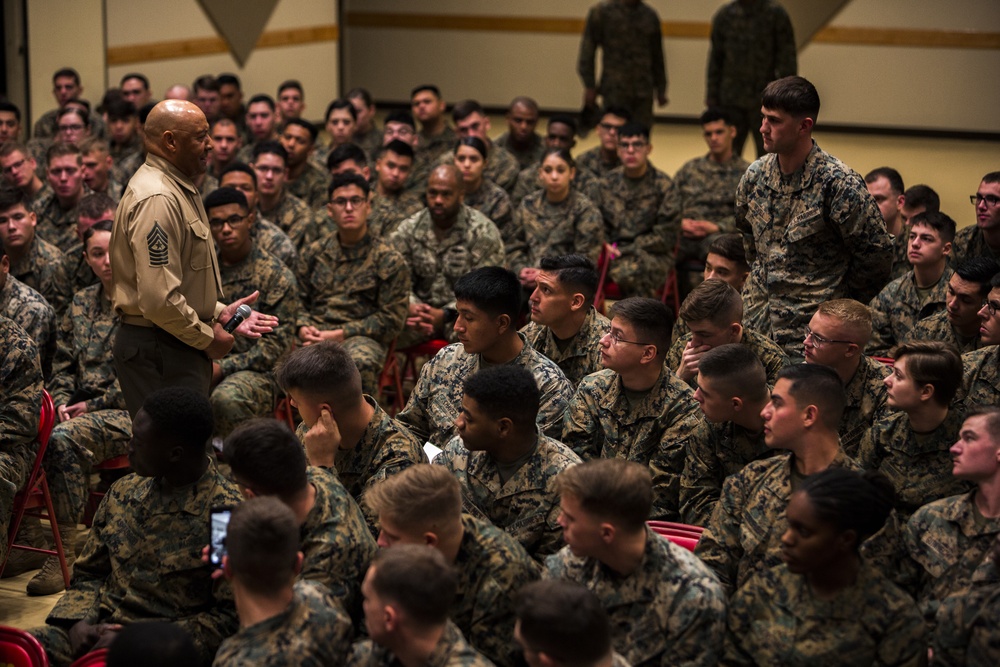 Medal of Honor Recipient Talks to US Marines Aboard Okinawa