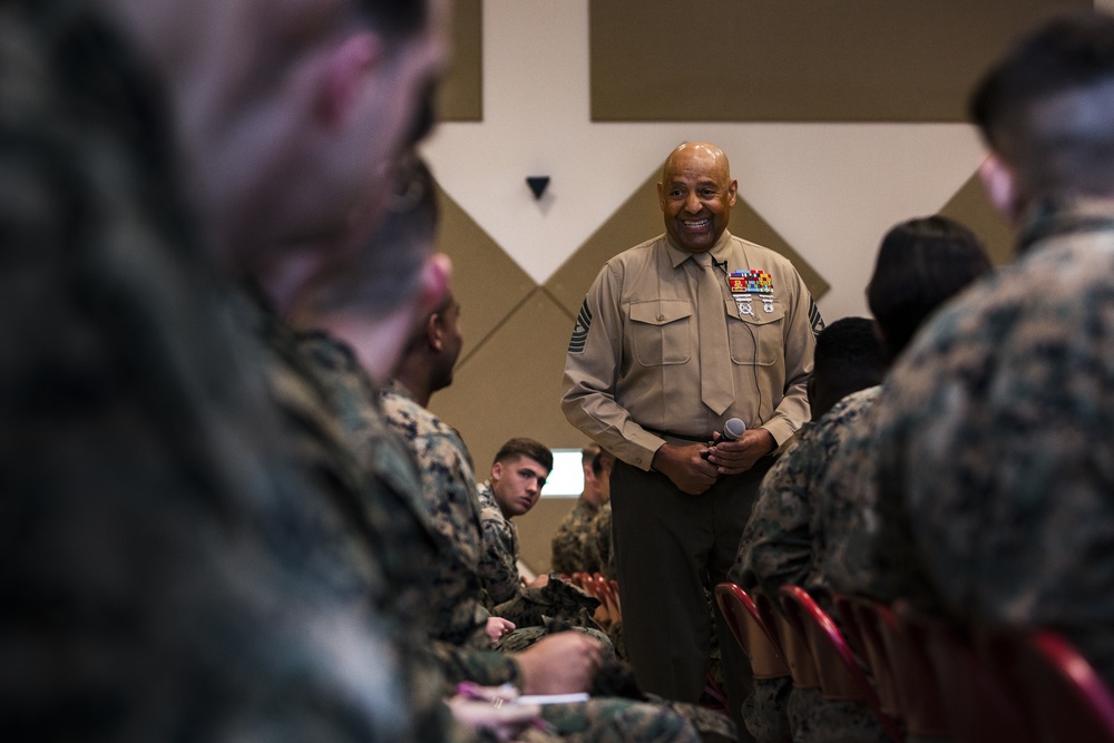 Medal of Honor Recipient Talks to US Marines Aboard Okinawa