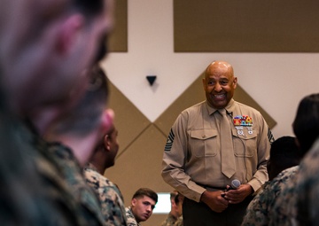 Medal of Honor Recipient Talks to US Marines Aboard Okinawa