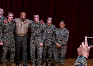Medal of Honor Recipient Talks to US Marines Aboard Okinawa