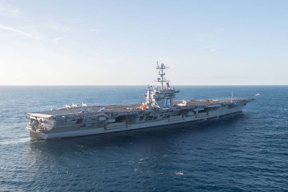 The aircraft carrier USS John C. Stennis transits the Atlantic Ocean