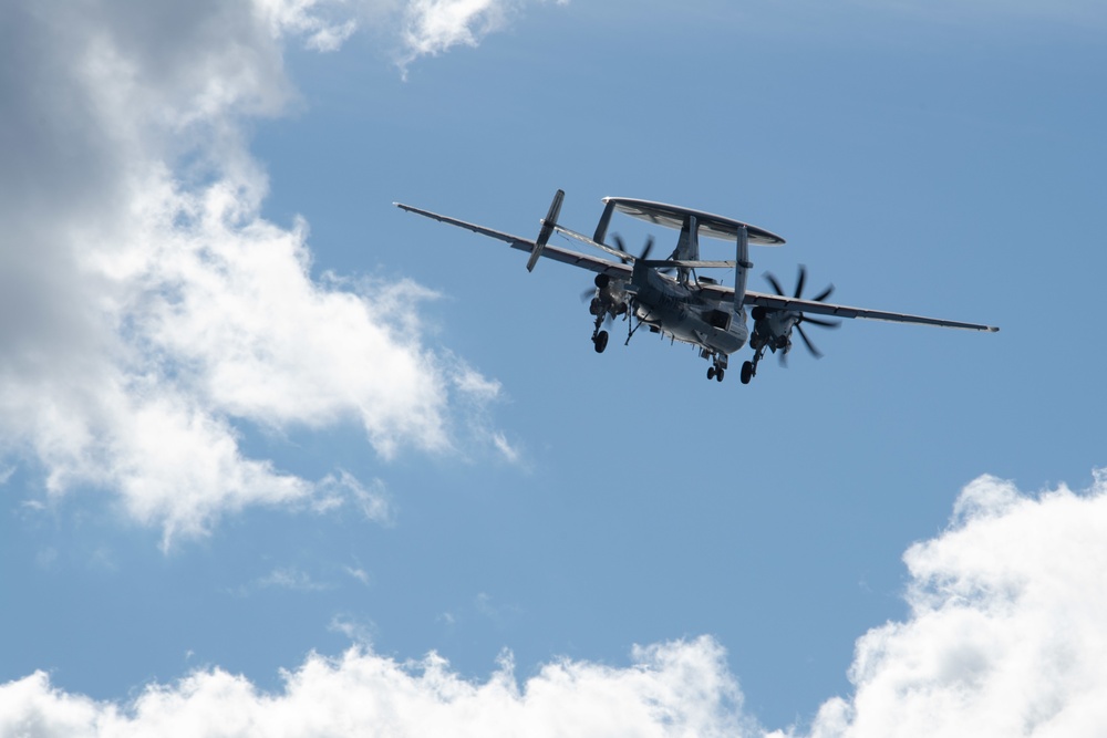 E-2C Hawkeye, assigned to Airborne Early Warning Squadron (VAW) 120, flies over