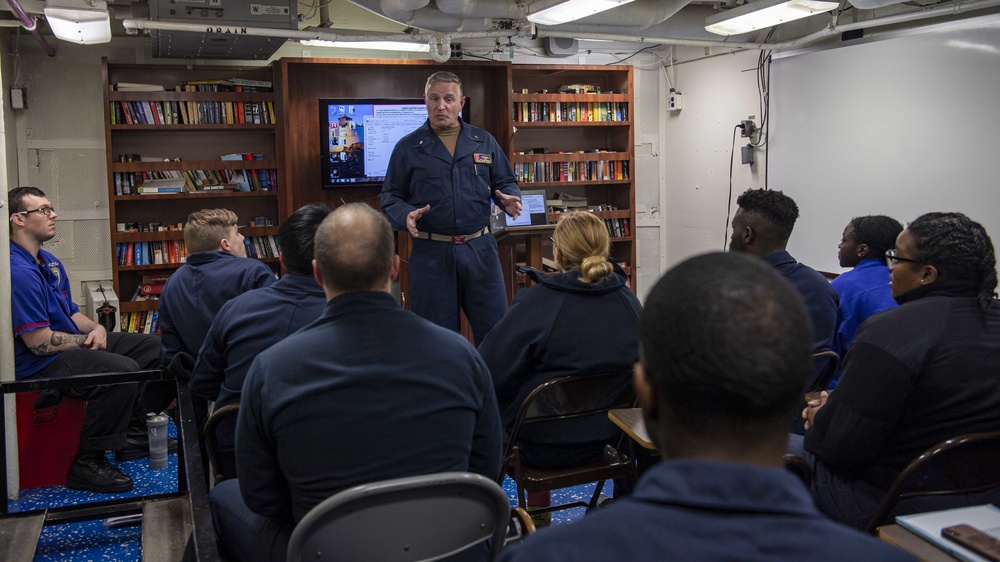 HSTCSG Chaplain Speaks With USS Normandy Sailors