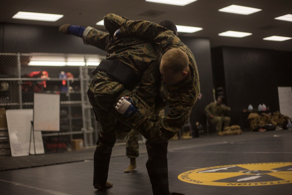 Professional mixed martial artist critique Marines during a Marine Corps Martial Arts Program Instructors Course