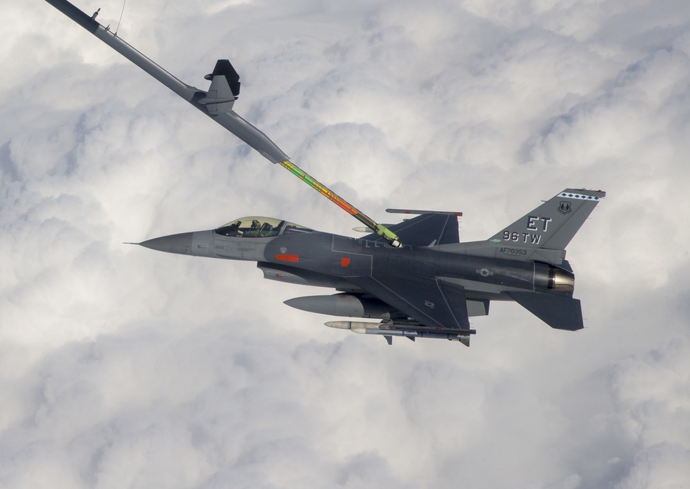 F-16 Fighting Falcon receives fuel from KC-46 Pegasus