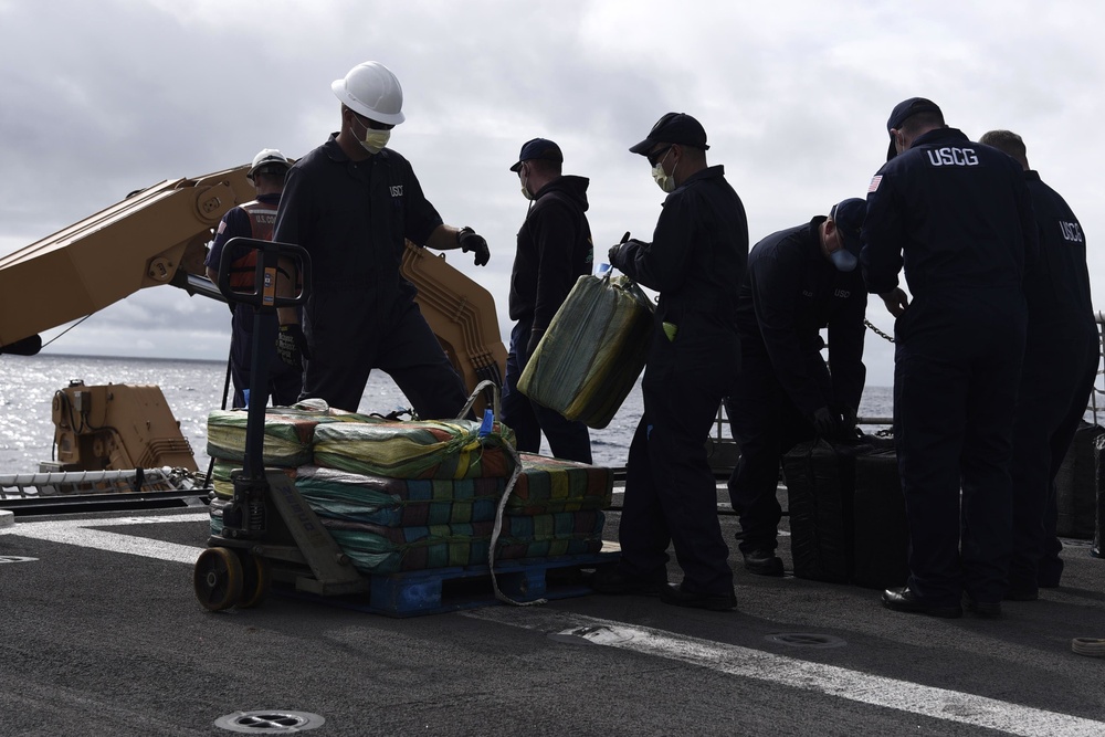Coast Guard Cutter Bertholf crews interdict a suspected drug-smuggling vessel in the Eastern Pacific Ocean