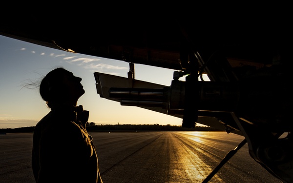 A silhouetted individual stands on an airport tarmac at sunrise or sunset, looking upward toward the underside of a large aircraft. The low-angle sun creates dramatic light rays across the runway surface and backlights the scene entirely in silhouette. The composition suggests a pre-flight or post-flight inspection activity.