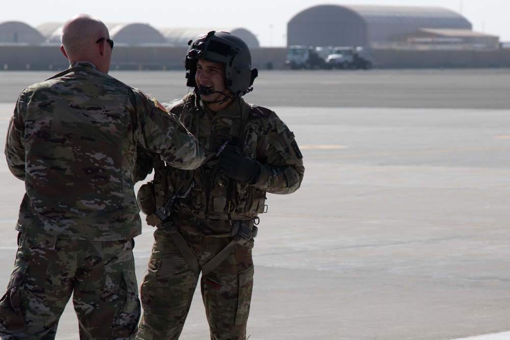 Lt. Gen. Charles D. Luckey greets U.S. Army Sgt. Ryan Moriarty