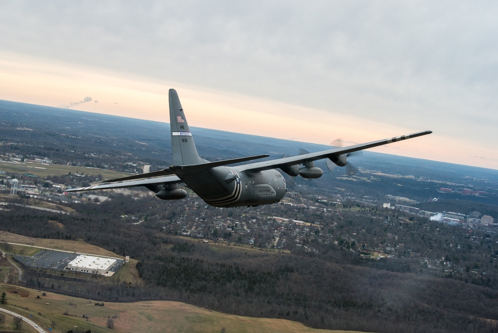 Kentucky Air National Guard C-130s fly over Gov. Andy Beshear's inauguration