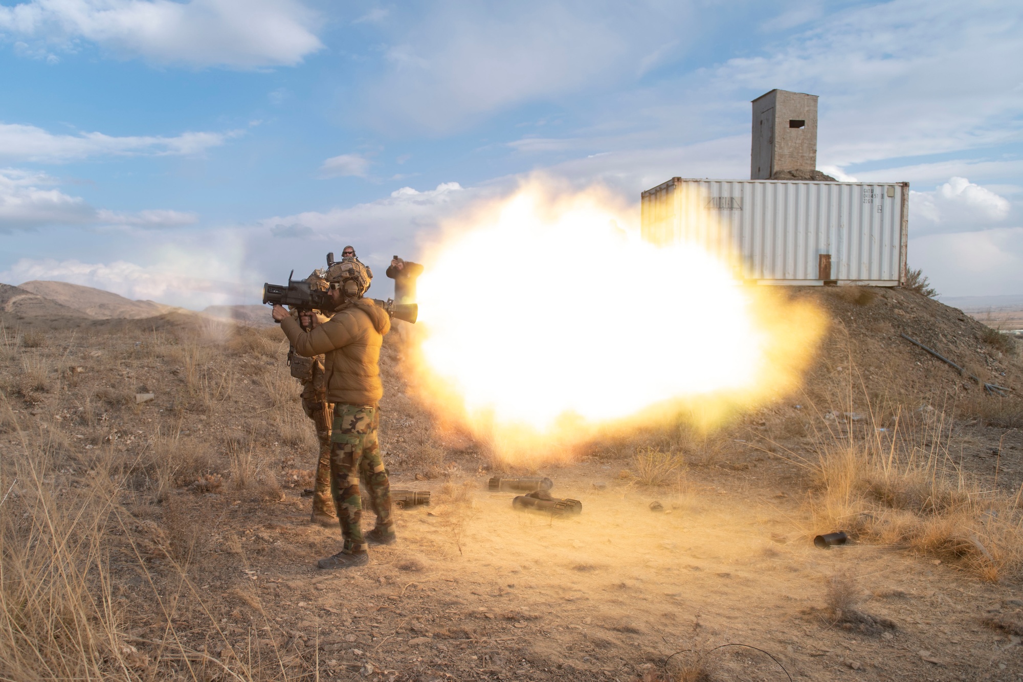 A U.S. Army soldier fires a Carl Gustaf 84mm recoilless rifle during training, November 2019.