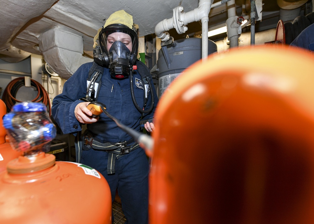 USS Normandy Sailor Takes Refrigerant Leak Reading