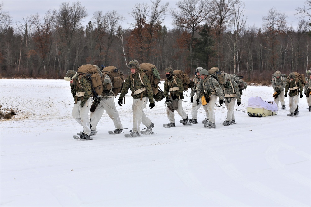 Fort McCoy Cold-Weather Operations Course students train in snowshoes pulling ahkio sled