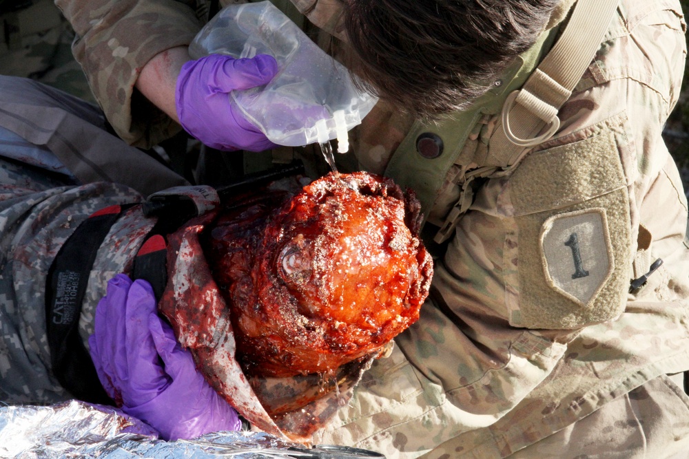 2nd Armored Brigade Combat Team, 1st Infantry Division Soldiers perform life saving medical techniques on simulated battlefield wounds