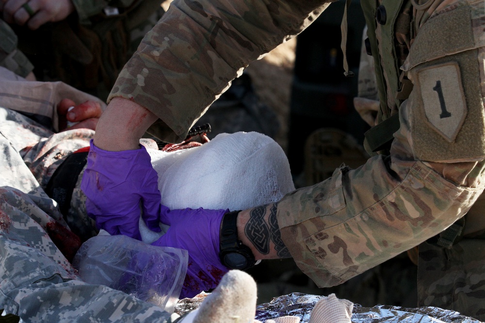 2nd Armored Brigade Combat Team, 1st Infantry Division Soldiers perform life saving medical techniques on simulated battlefield wounds