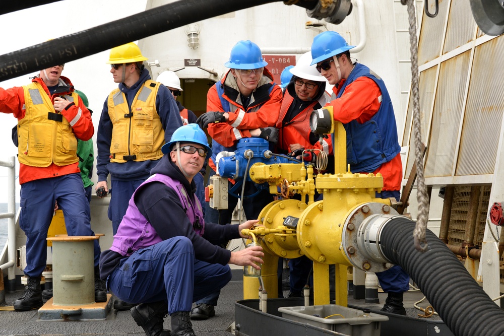 U.S. Coast Guard Cutter Bertholf conducts underway replenishment with the USNS Amelia Earhart in the East China Sea