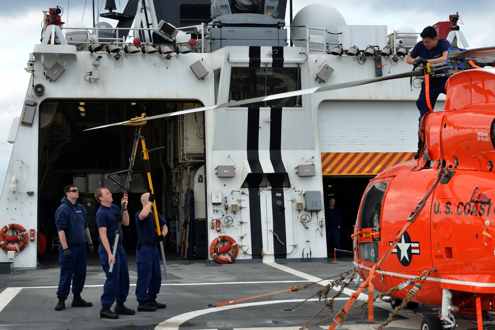U.S. Coast Guard Cutter Bertholf crew conducts helicopter operations in the Philippine Sea
