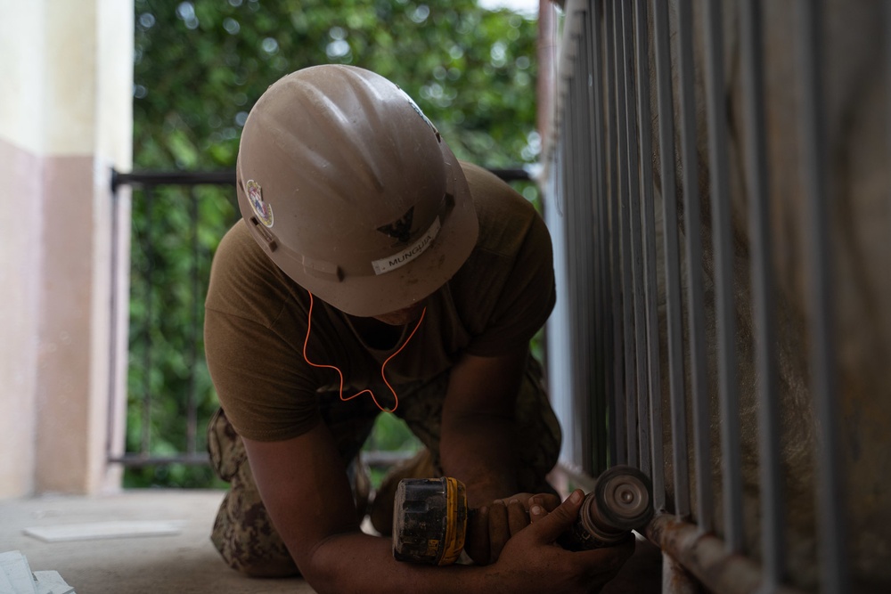 U.S. Navy Seabees deployed with NMCB-5’s Detail Pohnpei continue construction on Pehleng Elementary School