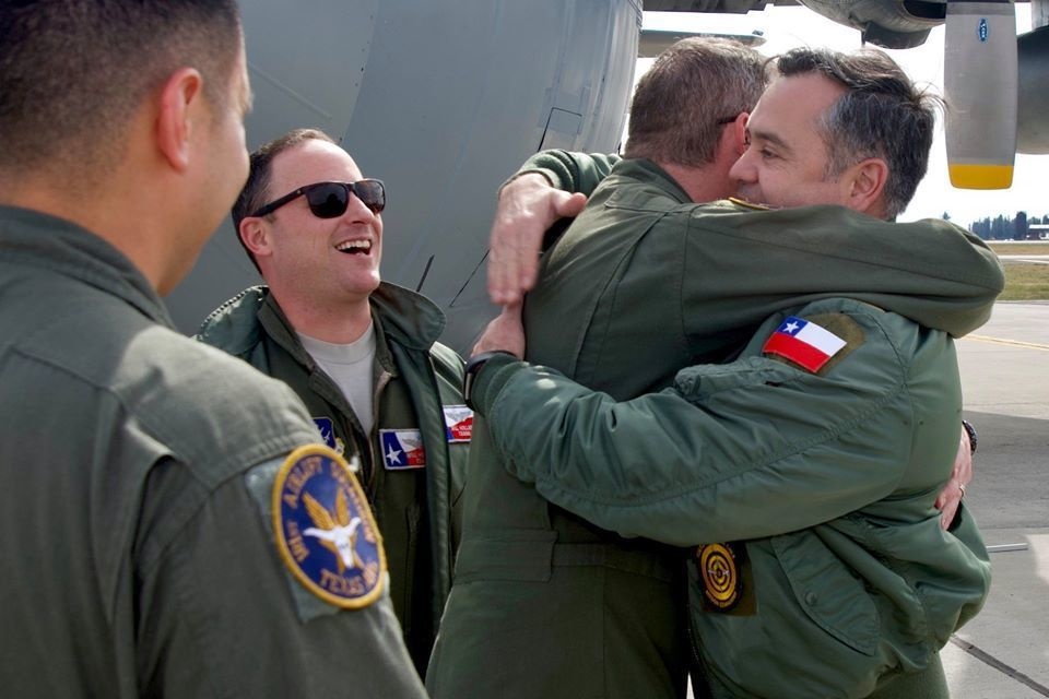 181st OG and Chilean AF Members Embrace After Joint Flight During Mobility Guardian 2019