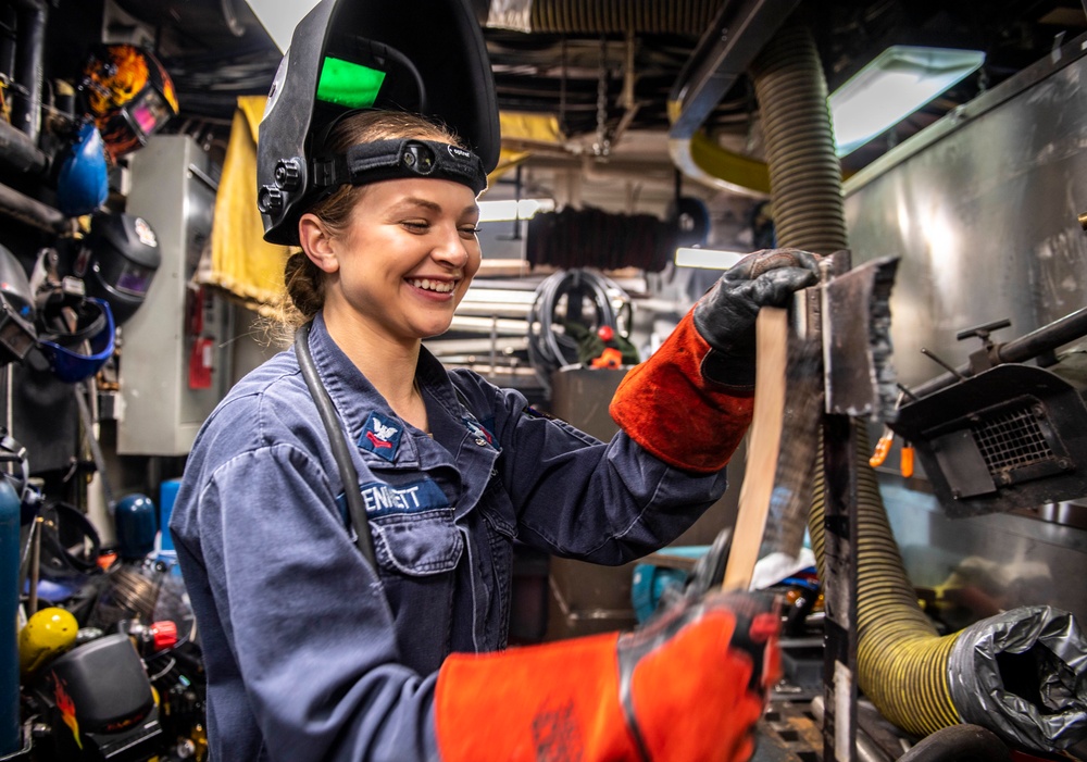 Hull Maintenance Technicians Practice Welding Aboard USS Milius (DDG 69)