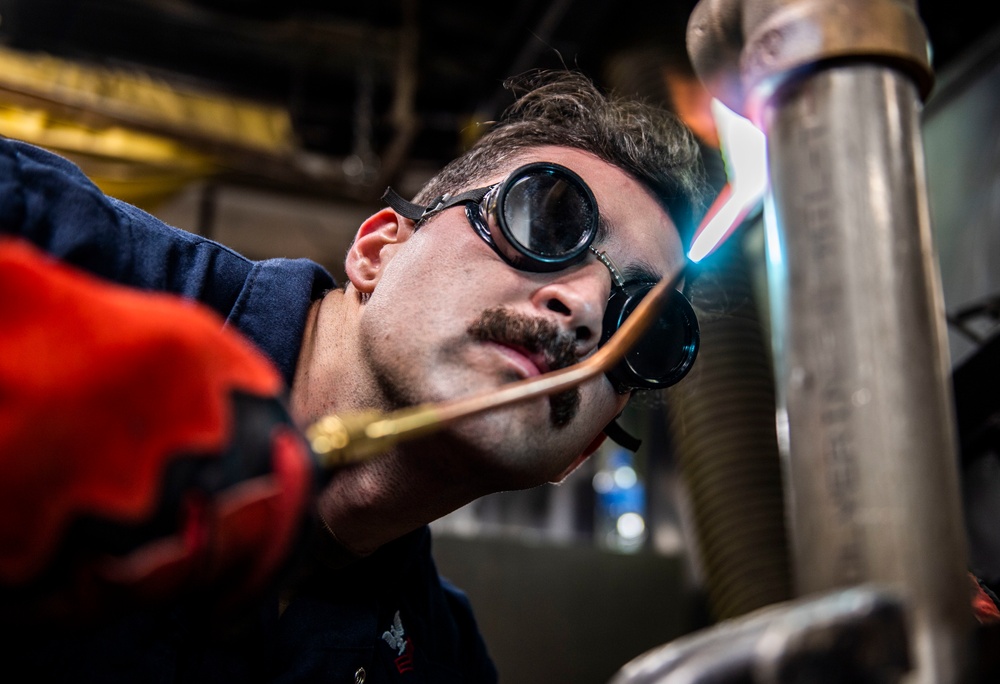 Hull Maintenance Technicians Practice Welding Aboard USS Milius (DDG 69)