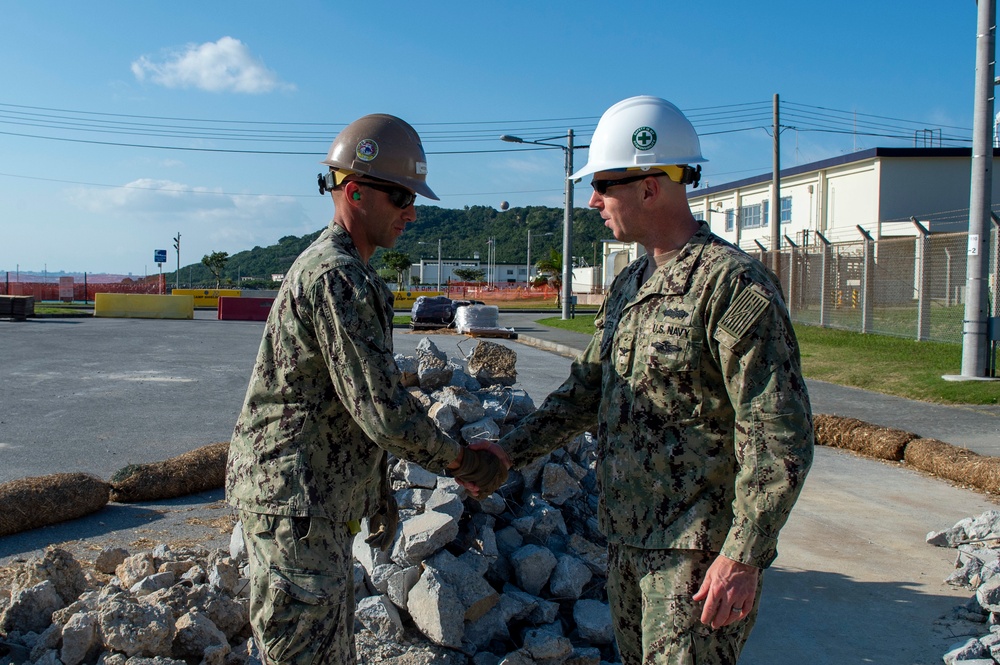 Commander, Naval Construction Group One, visits U.S Navy Seabees deployed with Naval Mobile Construction Battalion 5