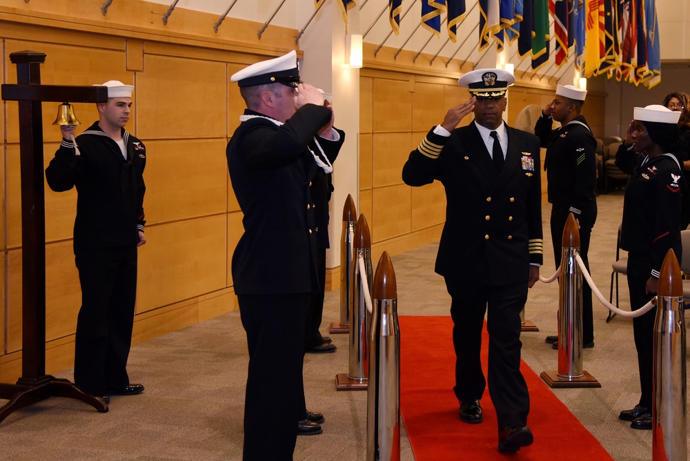 Capt. Preston Gill receives honors during a change-of-charge ceremony for NSA Philadelphia.