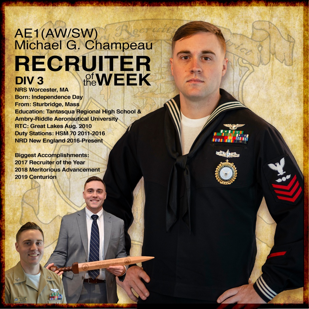 NRD New England Recruiter of the Week Graphic -  AE1 Michael Champeau