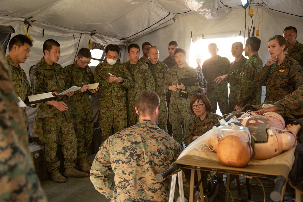 U.S. Sailors demonstrate field surgical and en flight medical capabilities to Japan Self Defense Force soldiers.