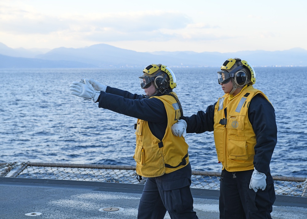 USS Blue Ridge Sailors hold Flight Quarters