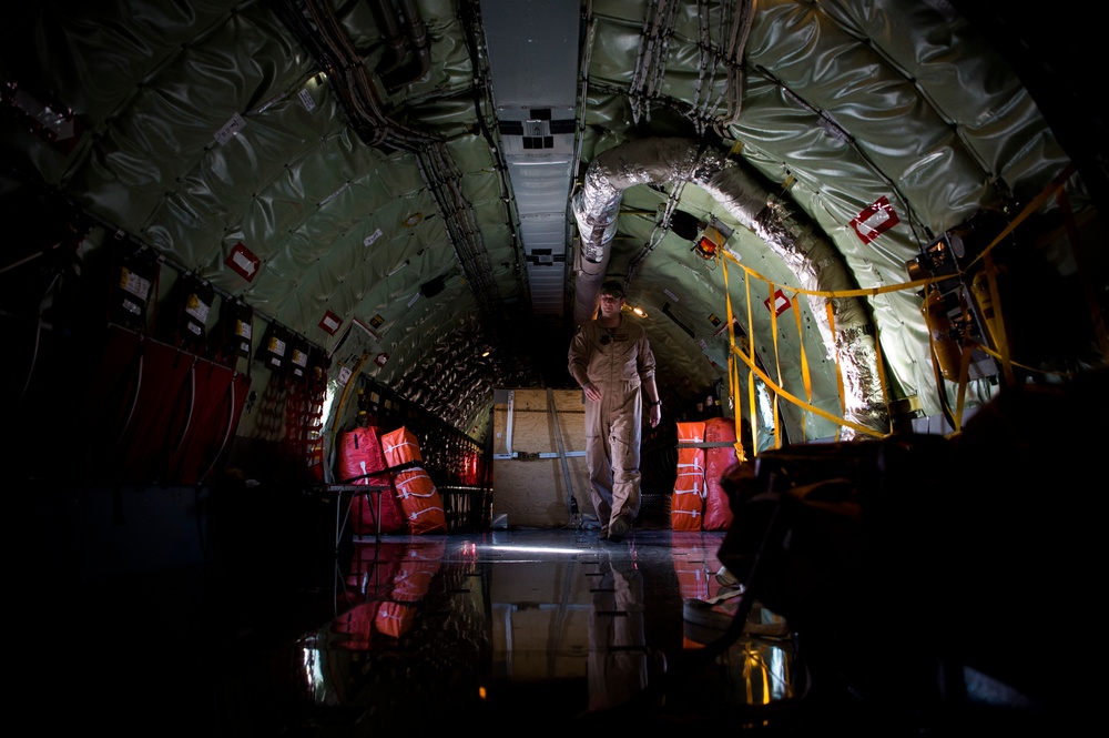 A U.S. Air Force KC-135 aircrew assigned to the 28th Expeditionary Air Refueling Squadron conducts aerial refueling over Afghanistan.