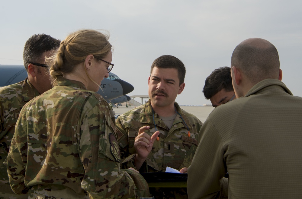 A U.S. Air Force KC-135 aircrew assigned to the 28th Expeditionary Air Refueling Squadron conducts aerial refueling