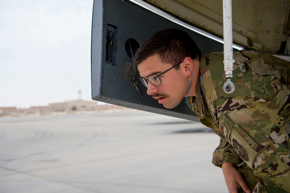 A U.S. Air Force KC-135 aircrew assigned to the 28th Expeditionary Air Refueling Squadron conducts aerial refueling